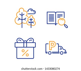 Discount offer, Tree and Search text icons simple set. Truck parking sign. Gift box, Forest plants, Open book. Free park. Business set. Linear discount offer icon. Colorful design set. Vector