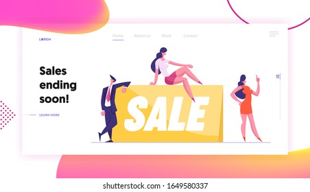 Discount Offer Website Landing Page. Happy Business People at Huge Banner with Sale Typography. Shopping Recreation, Consumerism and Price Off Promo Web Page Banner. Cartoon Flat Vector Illustration