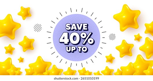 Banner vencedor da oferta de desconto com estrelas 3d. Banner das estrelas douradas. Oferta de venda banner de grão de ruído. Economize 40% cupom de desconto. Ícone da etiqueta de oferta de preço. Revisar plano de fundo da taxa. Vetor