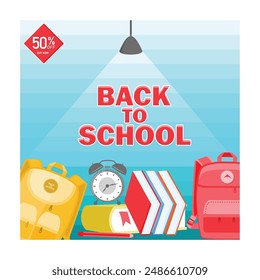 Discount offers for school supplies. Backpack, books, and alarm clock. Back to school concept. Flat vector illustration.