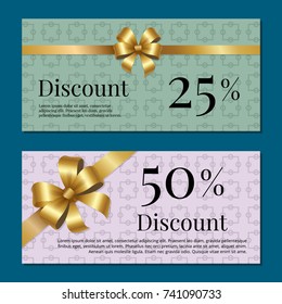 Discount on 50 25 percent set of posters with gold ribbons and bows on abstract purple with and green. Gift certificates vouchers with place for text
