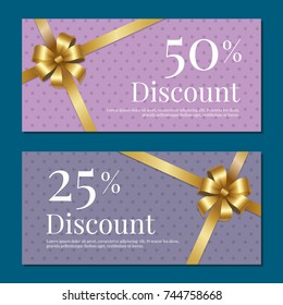 Discount on 50 25 percent set of posters with gold ribbons and bows on abstract purple with rhombus. Gift certificates vouchers with place for text