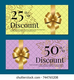 Discount on 50 25 percent set of posters with gold ribbons and bows on purple and yellow with snowflakes Gift certificates vouchers with place for text