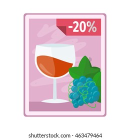 Discount on alcohol concept vector. Flat style. Poster with glass of wine, grape and interest discounts illustration for beverages concepts, grocery store ad, infograqphic element. Isolated on white.