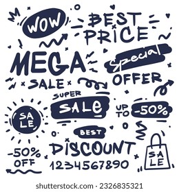 Discount on Black Friday. Wow, best price, discount, special offer, mega, super. Cartoon line art icon. Vector bubble. Banner sale. Shop. Black and white set of handdrawn stickers for the store. Arrow