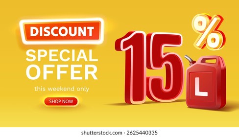 Discount on a canister of gasoline liters, 15 percent discount on liters. Vector illustration