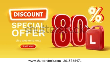 Discount on a canister of gasoline liters, 80 percent discount on liters. Vector illustration 