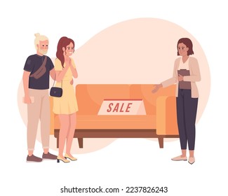 Discount on couch 2D vector isolated illustration. Furniture store. Couple flat characters on cartoon background. Colorful editable scene for mobile, website, presentation. Bebas Neue font used