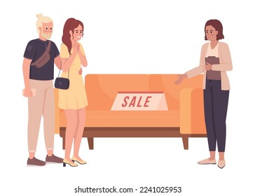 Discount on couch 2D vector isolated illustration. Soft furniture store flat characters on cartoon background. Colorful editable scene for mobile, website, presentation. Bebas Neue font used