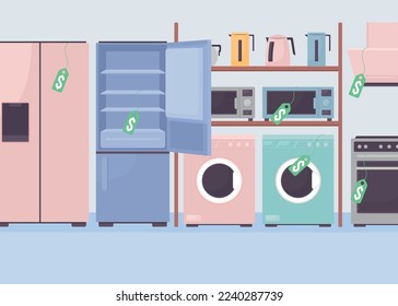 Discount on kitchen appliances flat color vector illustration. Large electronic equipment. Fully editable 2D simple cartoon interior with domestic shop on background. Bebas Neue font used