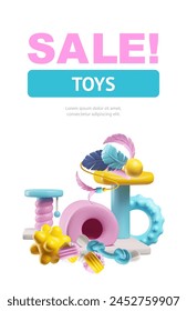 Discount on pet toys. Bright poster with discounted pet accessories. Cute 3D vector illustration in cartoon style, perfect for promotional use in pet stores.
