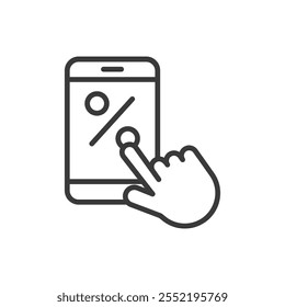 Descuento en un teléfono, icono en diseño de línea. Descuento, teléfono, venta, oferta, teléfono inteligente, móvil, compras en el Vector de fondo blanco. Descuento en un icono de trazo editable del teléfono