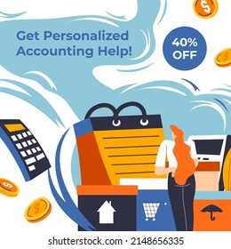 Discount On Professional Accounting Help For Your Business Or Personal Life. 40 Percent Reduction Of Price, Assistance In Finance And Budget Planning For Enterprise Or Startup. Vector In Flat Style