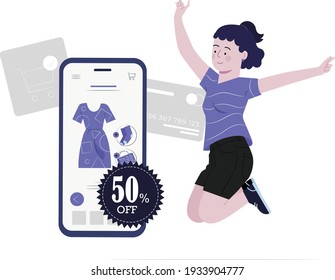 discount on shopping cloths online via mobile concept. Happy girl jumping into air after getting discount. Internet digital store scene with man and woman on shopping. E-commerce advertise