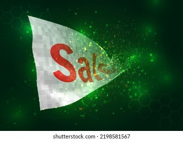 Discount, on vector 3d flag on green background with polygons and data numbers