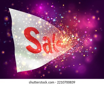 Descuento en el indicador vectorial 3d sobre fondo púrpura rosa con iluminación y bengalas