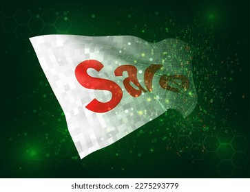 Discount, on vector 3d flag on green background with polygons and data numbers