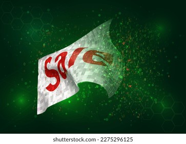 Discount, on vector 3d flag on green background with polygons and data numbers