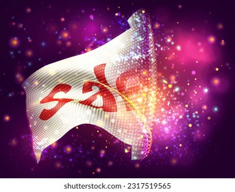 Discount, on vector 3d flag on pink purple background with lighting and flares