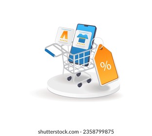 Discount online shopping cart flat isometric illustration