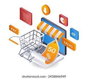 Discount online shopping ecommerce infographic flat isometric 3d illustration