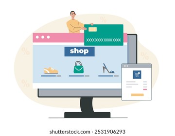 Discount in online store. Man with bank card near computer monitor screen. Special limited offer for customers. Discounts and promotions. Flat vector illustration isolated on white background