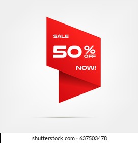 Discount origami price label, symbol for advertising campaign in retail, sale promo marketing, 50% off discount sticker, ad offer on shopping day. Special offer red tag isolated vector illustration