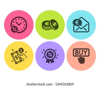 Discount, Payment method and Loan percent icons simple set. Savings, Euro money and Buying signs. Sale shopping, Give money. Finance set. Flat discount icon. Circle button. Vector