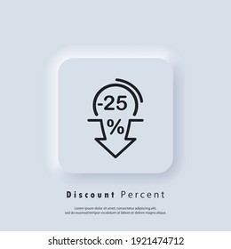 Discount percent arrow down icon. Minus 25 percent. Arrow down icons. Sale discount. Vector EPS 10. UI icon. Neumorphic UI UX white user interface web button. Neumorphism