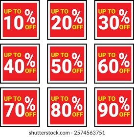 Discount Percent Badges sticker discount price tag set. Red shape promote buy now with sell off up to 10, 20, 30, 40, 50, 60, 70, 80, 90 % vector illustration set isolated on white background