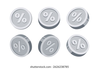 Discount Percent Coin Icon Vector Set. Silver coins with percent sign (%) symbol. Discounts, special offers, or promotional deals in e-commerce, games, or mobile applications. Modern clean 3d style.