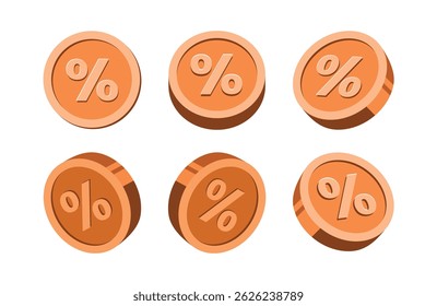 Discount Percent Coin Icon Vector Set. Bronze coins with percent sign (%) symbol. Discounts, special offers, or promotional deals in e-commerce, games, or mobile applications. Modern clean 3d style.