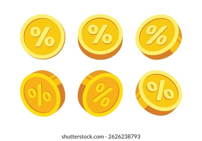 Discount Percent Coin Icon Vector Set. Golden coins with percent sign (%) symbol. Discounts, special offers, or promotional deals in e-commerce, games, or mobile applications. Modern clean 3d style.