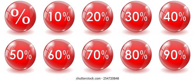 Discount percent icon.Red glass button - vector drawing isolated on white background