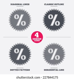 Discount percent sign icon. Star symbol. Diagonal and horizontal lines, classic outline, dotted texture. Pattern design icons.  Vector