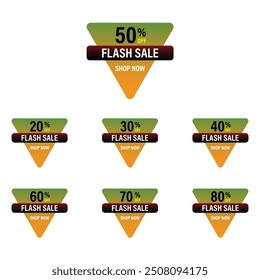 Discount percent stickers. Flash sale discount price tags set. Triangle shape promote buy now with sell off up to 20, 30, 40, 50, 60, 70, 80 percentage vector illustration isolated on white. 