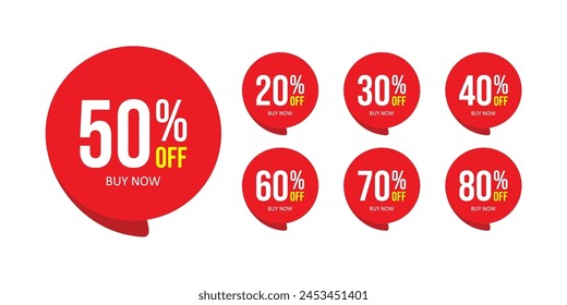 Discount percent stickers. Discount price tags set. Red round speech bubble shape promote buy now with sell off up to 20, 30, 40, 50, 60, 70, 80 percentage vector illustration isolated on white. 