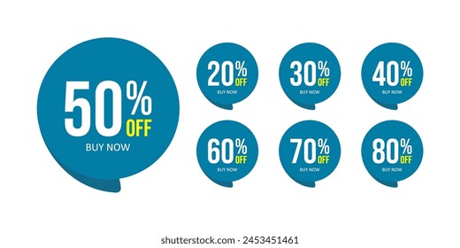 Discount percent stickers. Discount price tags set. Blue round speech bubble shape promote buy now with sell off up to 20, 30, 40, 50, 60, 70, 80 percentage vector illustration isolated on white. 