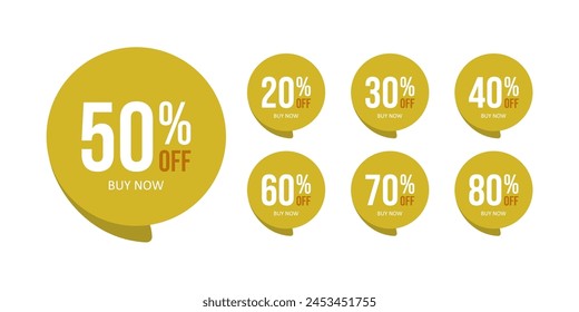 Discount percent stickers. Discount price tags set. Yellow round speech bubble shape promote buy now with sell off up to 20, 30, 40, 50, 60, 70, 80 percentage vector illustration isolated on white. 