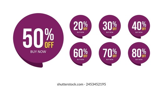 Discount percent stickers. Discount price tags set. Purple round speech bubble shape promote buy now with sell off up to 20, 30, 40, 50, 60, 70, 80 percentage vector illustration isolated on white. 