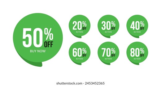 Discount percent stickers. Discount price tags set. Green round speech bubble shape promote buy now with sell off up to 20, 30, 40, 50, 60, 70, 80 percentage vector illustration isolated on white. 