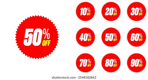 Discount percent stickers. Discount price tags set. Colored Shaped Discount Percentage tags with sell up to 10%, 20% ,30%, 40%, 50%, 60%, 70%, 80%, 90%. Editable EPS file.