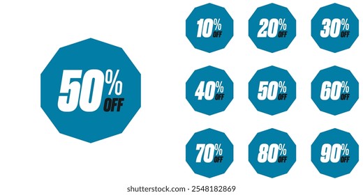 Discount percent stickers. Discount price tags set. Colored Shaped Discount Percentage tags with sell up to 10%, 20% ,30%, 40%, 50%, 60%, 70%, 80%, 90%. Editable EPS file.
