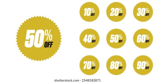 Discount percent stickers. Discount price tags set. Colored Shaped Discount Percentage tags with sell up to 10%, 20% ,30%, 40%, 50%, 60%, 70%, 80%, 90%. Editable EPS file.