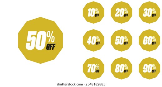 Discount percent stickers. Discount price tags set. Colored Shaped Discount Percentage tags with sell up to 10%, 20% ,30%, 40%, 50%, 60%, 70%, 80%, 90%. Editable EPS file.