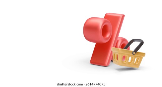Discount Percent Symbol With Shopping Basket. 3D Render For Online Sales, E-Commerce Promotions, And Special Offers. Clean And Minimal Look. Vector Illustration.