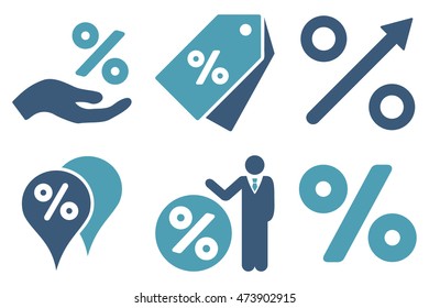 Discount Percent vector icons. Pictogram style is bicolor cyan and blue flat icons with rounded angles on a white background.