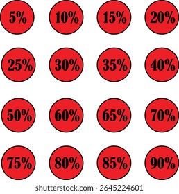 Discount Percentage Icon Set | Red Sale Badges from 5% to 90% Off