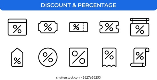 Ícones de linha de desconto e porcentagem Definir Compras, Promoção, Marketing, Vetor de estrutura de tópicos Traço editável