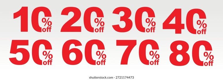 Rabatt Prozentzahlen Vektor-Set - 10, 20, 30, 40, 50, 60, 70, 80 Prozent Rabatt auf Red Typografy